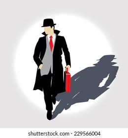 Stylized illustration of a man in a coat and hat with the diplomat in minimalist flat design style. can be used for advertising, illustrations, etc.