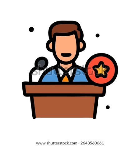 A stylized illustration of a man giving a speech at a podium, highlighted by an award icon.