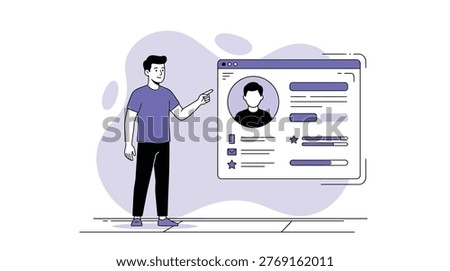 A stylized illustration of a man pointing at a digital profile card, showcasing a user's personal data, contact information, and rating indicators.