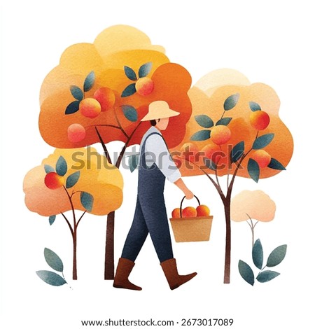 A stylized illustration of a man in a straw hat and overalls walking while carrying a basket. The character is depicted as a farmer or gardener during a harvest.