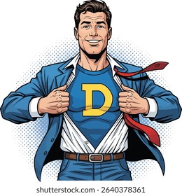 Stylized illustration of a man in a suit with a blue shirt and blue tie featuring a bold letter D. Perfect for Fathers Day themes, honoring dads with a clean, modern, masculine design.