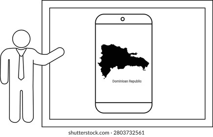 A stylized illustration of a man in a suit pointing to a smartphone displaying the map of the Dominican Republic.