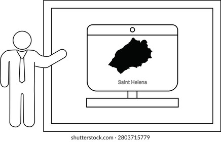 A stylized illustration of a man in a suit and tie pointing towards a computer monitor displaying the outline of Saint Helena.