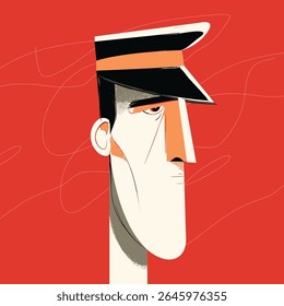 Stylized Illustration of a Man with Uniform Cap on Red Background, Portrait