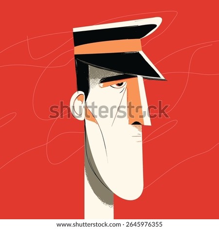 Stylized Illustration of a Man with Uniform Cap on Red Background, Portrait