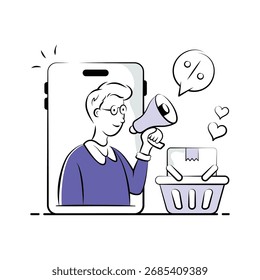 Una ilustración estilizada de un hombre usando un teléfono inteligente para promover una venta en línea.