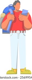  A stylized illustration of a man waiting at a bus station, casually checking his smartphone. He carries a blue backpack and wears a red shirt with white pants and yellow shoes. 