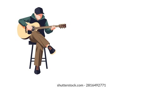 A stylized illustration of a man wearing a cap sitting on a stool while playing an acoustic guitar against a white background.