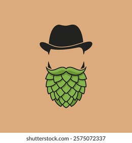 A stylized illustration of a man wearing a hat and possessing a beard made entirely of hops.