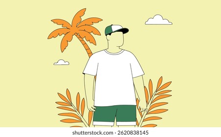 A stylized illustration of a man in a white t-shirt and green shorts, standing near a palm tree on a sunny day with clouds.
