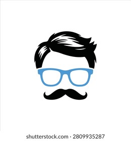 Stylized Illustration of a Man's Face with Black Hair, Blue Glasses and Moustache Keywords: man, face, head, avatar