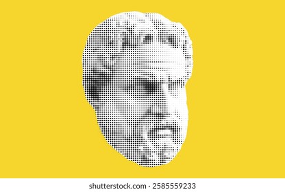 A stylized illustration of a man's face created using a dot pattern, set against a bright yellow background. The face has a serious expression, with prominent features.