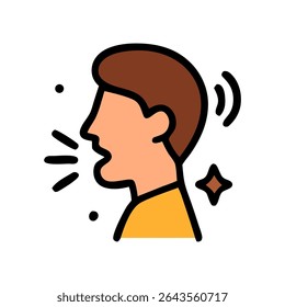Stylized illustration of a man's profile, mouth open, emitting sound waves and a sparkle.