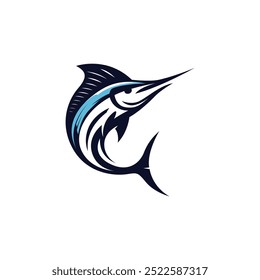 Stylized illustration of a marlin fish in dynamic pose. Logo, vector, emblem, label, badge. template