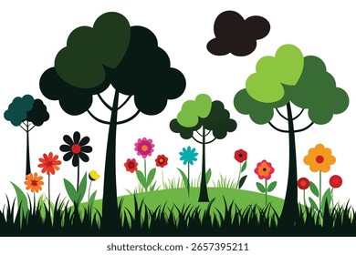 Una ilustración estilizada de un prado con varios árboles y flores de colores sobre un fondo blanco.