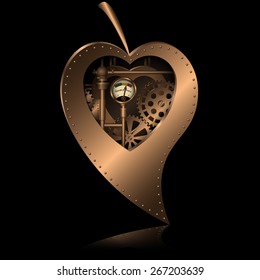 A stylized illustration of a mechanical device in the form of a leaf and heart