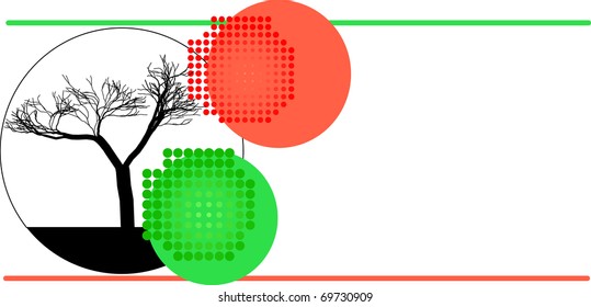 Stylized illustration: minimalist design blends organic and geometric elements with silhouette of leafless hardwood showing resilience and tranquility. Central composition features prominent intricate branches in solid black against white backgrounds, creating stark contrast and embodying nature themes. Two large colourful circles add playful contemporary aesthetic: vibrant red with polka dot pattern and bright green with contrasting dotted texture introduce visual tension through asymmetrical positioning. Warm energetic red circle balances refreshing organic green for harmonious composition. Thin horizontal lines in crimson and emerald guide viewer gaze while enhancing structural design. Negative space on right side emphasizes simplicity and allows text overlay, making this artwork versatile for marketing materials or digital platforms. Bold colour palette of crimson, emerald, and black against white evokes modern feel suitable for environmental themes.