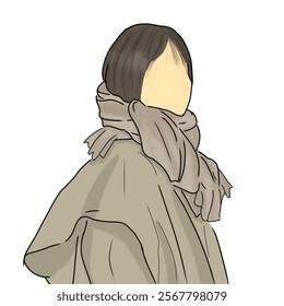 Stylized illustration of a minimalist figure wearing neutral tones with a scarf and jacket. Perfect for themes of fashion, simplicity, and modern art. Great for creative, abstract