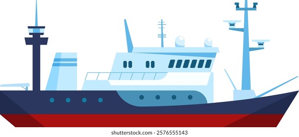 Stylized illustration of a modern cargo ship with a blue and red color scheme. Features include antennas, radar equipment, and a sleek design, emphasizing maritime technology