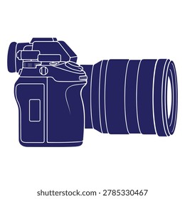 A stylized illustration of a modern digital camera body with a large telephoto lens attached, depicted in a simple outline.