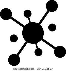 Stylized illustration of a molecule or network with a central large circle connected to smaller circles by lines.