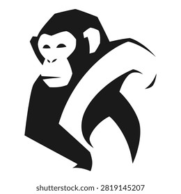 A stylized illustration of a monkey face and body in black and white, simple design