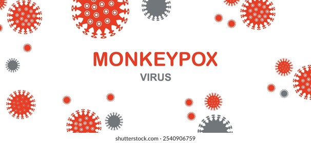 Ilustración estilizada de partículas del virus de la viruela símica en rojo y gris con texto en negrita sobre un fondo blanco.