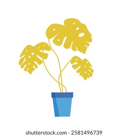 Stylized illustration of a Monstera plant with bold, yellow leaves and holes, set in a minimalist blue pot. Perfect for modern decor and creative design projects