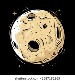 A stylized illustration of a moon featuring prominent craters, a textured surface and small stars in the background.