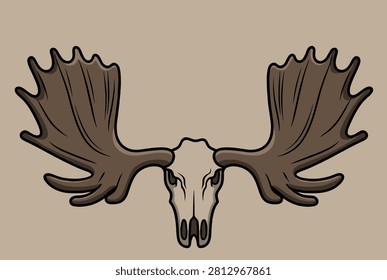 Stylized illustration of a moose skull with impressive wide palmated antlers over a solid beige background.