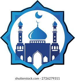 Ilustração estilizada de uma mesquita com uma cúpula e minaretes, emoldurados por uma estrela ornamental, com uma lua crescente acima.
