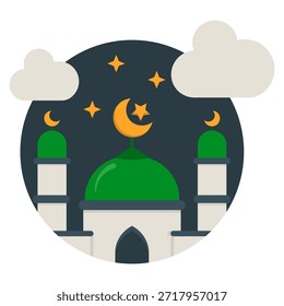 Una ilustración estilizada de una mezquita con una cúpula verde, dos minaretes y una luna creciente con una estrella, colocada contra un cielo nocturno.