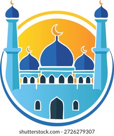 Una ilustración estilizada de una mezquita con múltiples cúpulas y minaretes, adornada con el símbolo islámico de la luna creciente.