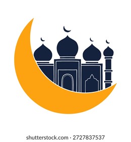 Ilustração estilizada de uma mesquita sob um símbolo de lua crescente