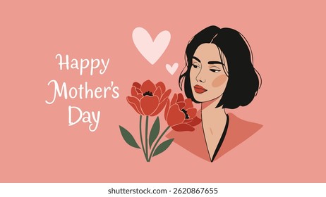 A stylized illustration for Mother's Day featuring a woman with dark hair and red lips, gazing at a bouquet of red tulips. The design is simple and elegant, with a soft pink background.