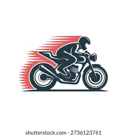 A stylized illustration of a motorcyclist riding a motorcycle with red speed lines behind, depicted in dark blue and white on a white background, conveying a sense of motion and speed.