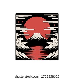 Ilustração estilizada do Monte Fuji com um grande sol vermelho e ondas quebrando.