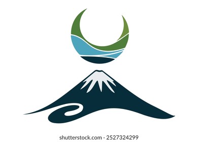 Stylized illustration of a mountain with a crescent moon above it.