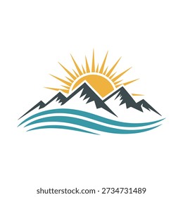 A stylized illustration of a mountain range with a bright yellow sun rising behind it, set against wavy teal lines representing water, all isolated on white background with bold lines and vibrant colo