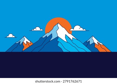 A stylized illustration of a mountain range at sunset, featuring a bright orange sun, white clouds, and snow-capped peaks in shades of blue and orange, set against a clear blue sky