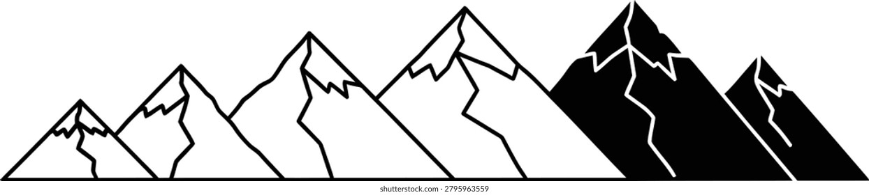 A stylized illustration of a mountain range with varying peak heights and contrasting black and white colors, creating a visually striking landscape silhouette.