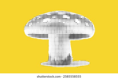 A stylized illustration of a mushroom in a halftone pattern on a bright yellow background.
