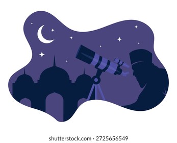Ilustración estilizada de un hombre musulmán usando un telescopio para observar la luna creciente y las estrellas en el cielo nocturno con siluetas de mezquita en el fondo, perfecto para vacaciones islámicas como Ramadán.
