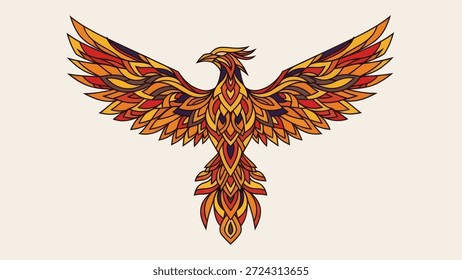 Stylized illustration of a mythical phoenix bird in flight, adorned with intricate, flame-like patterns in warm, fiery hues. Represents rebirth, hope, and resilience.