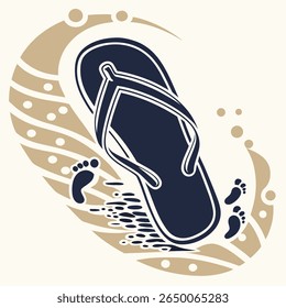 A stylized illustration of a navy blue flip flop, footprints, and decorative sand elements on a cream background.