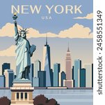 A stylized illustration of New York City with the Statue of Liberty and skyline, vector graphic on a blue sky and cloud background, concept of travel. Vector illustration