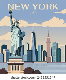 A stylized illustration of New York City with the Statue of Liberty and skyline, vector graphic on a blue sky and cloud background, concept of travel. Vector illustration