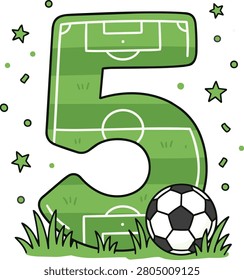 A stylized illustration of the number 5, designed to resemble a soccer field with white lines marking the pitch. A classic black and white soccer ball rests in the grass at the bottom right. Stars and