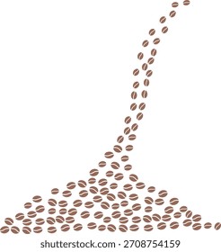Ilustración estilizada de numerosos granos de café dispuestos en una corriente enérgica y curva, que se asemeja a un movimiento vertido. Ideal para cafés, bebidas y conceptos matutinos