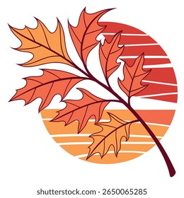 Uma ilustração estilizada de folhas de carvalho em cores de outono contra um design retrô do pôr do sol dentro de um círculo.
